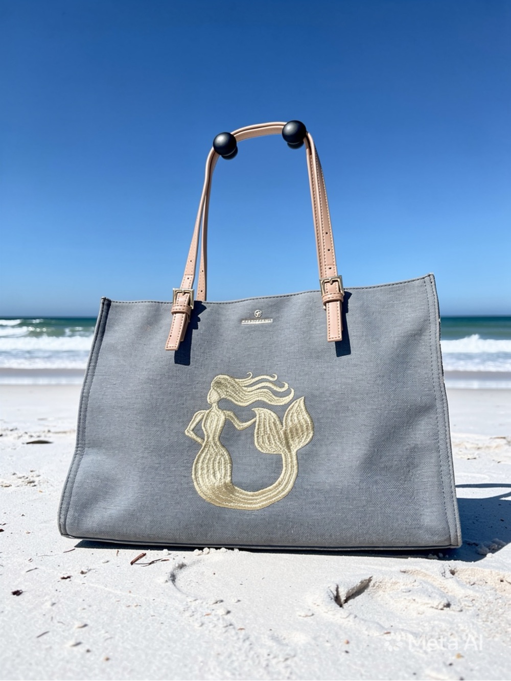 Spartina 449 Grey Canvas Tote with Gold Mermaid Motif